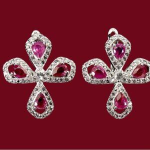 925 Sterling Silver Earrings with Natural Ruby 4x3mm & White Topaz Gems